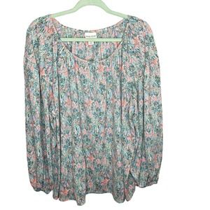 Ava & Viv Blouse Womens Plus Size 2X XXL Green Pink Long Sleeve Abstract Artsy